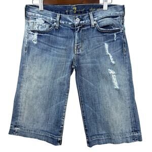 7 For All Mankind DOJO Shorts Long Made USA Womens 28 Blue Denim Distressed